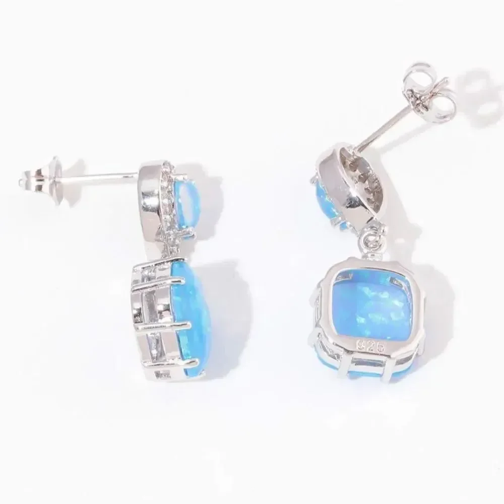14K White Gold with Genuine Blue Fire Opal and Diamond CZ Post Back Earrings
